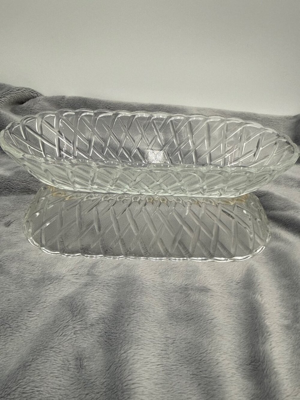 Two Vintage 60s Indiana Glass Basket Weave Clear Oblong Oval Bowl Celery Dish